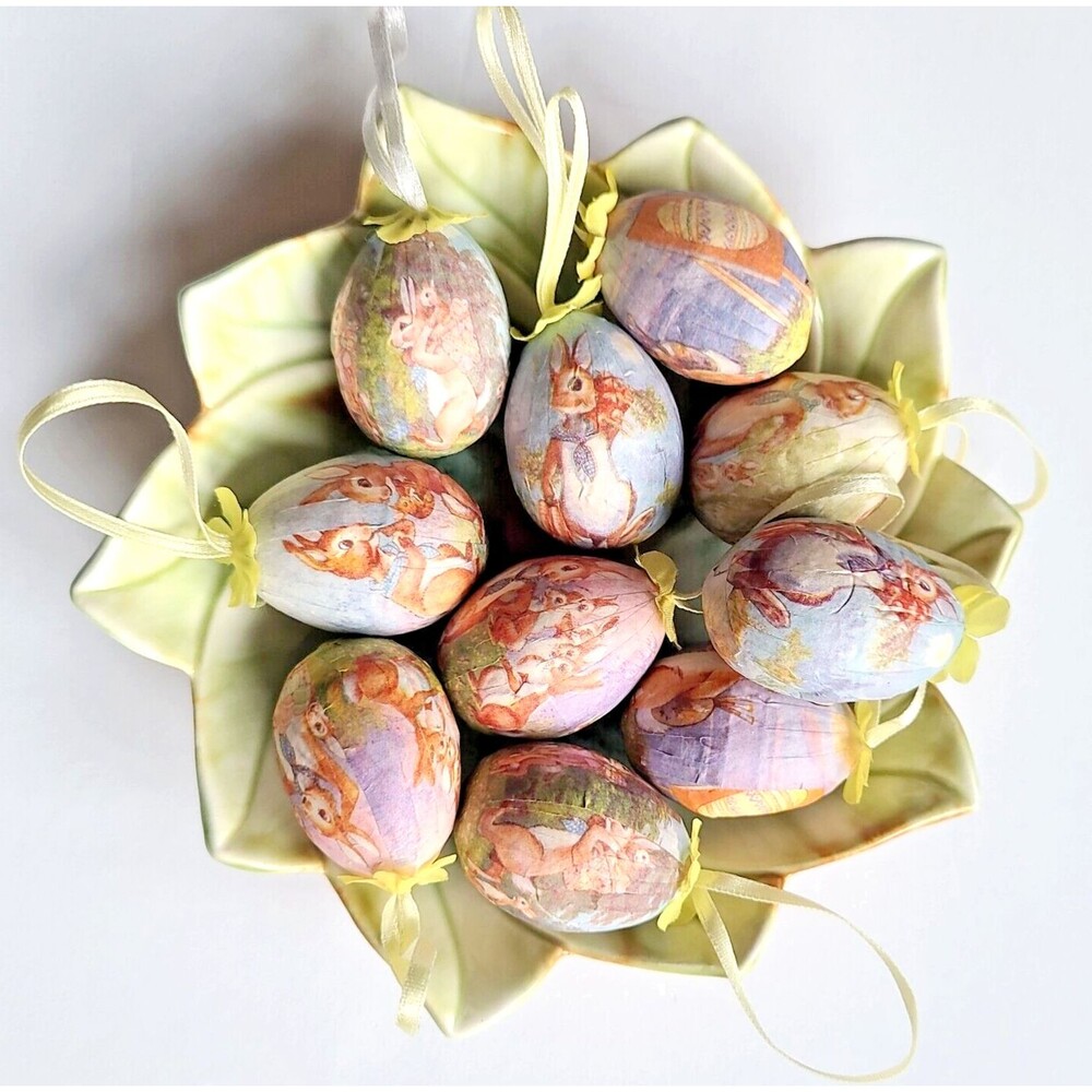 Lot of 10 Vintage Paper Mache Decoupage Easter Egg Tree Ornaments Bunny Bunnies